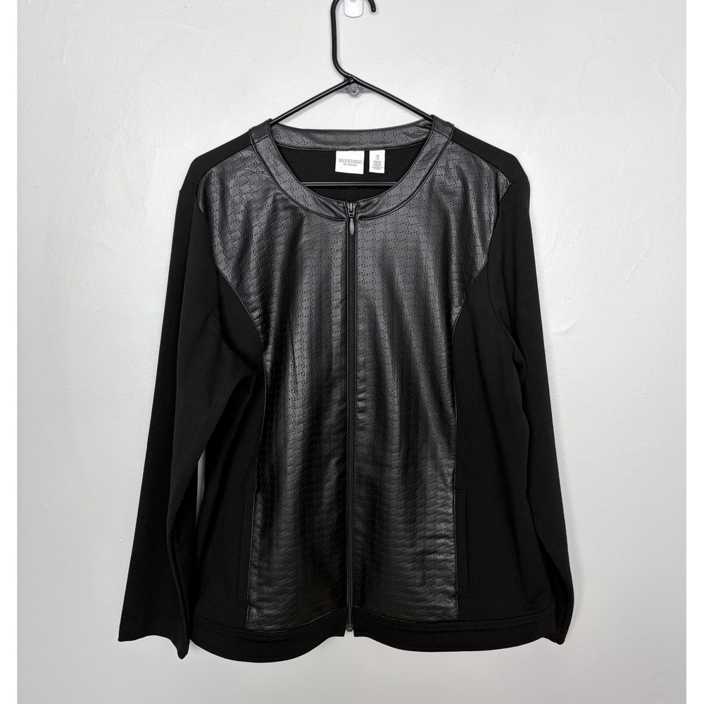 Weekends by Chico's Black Faux Leather Patterned Jacket Streetwear Size 3/XL